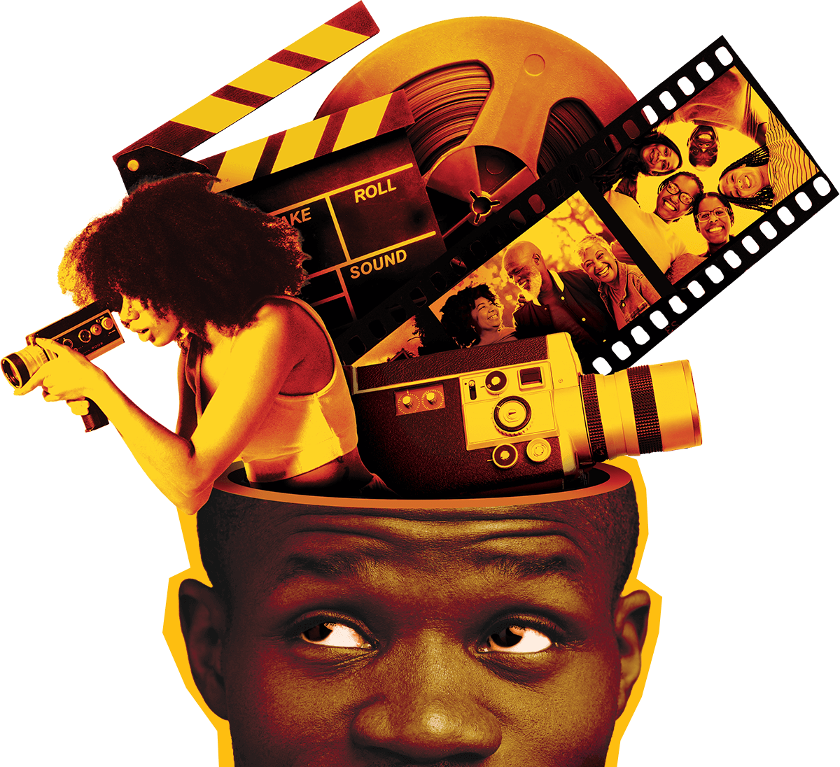 Graphic of an African man with film-related items coming out of the top of his head