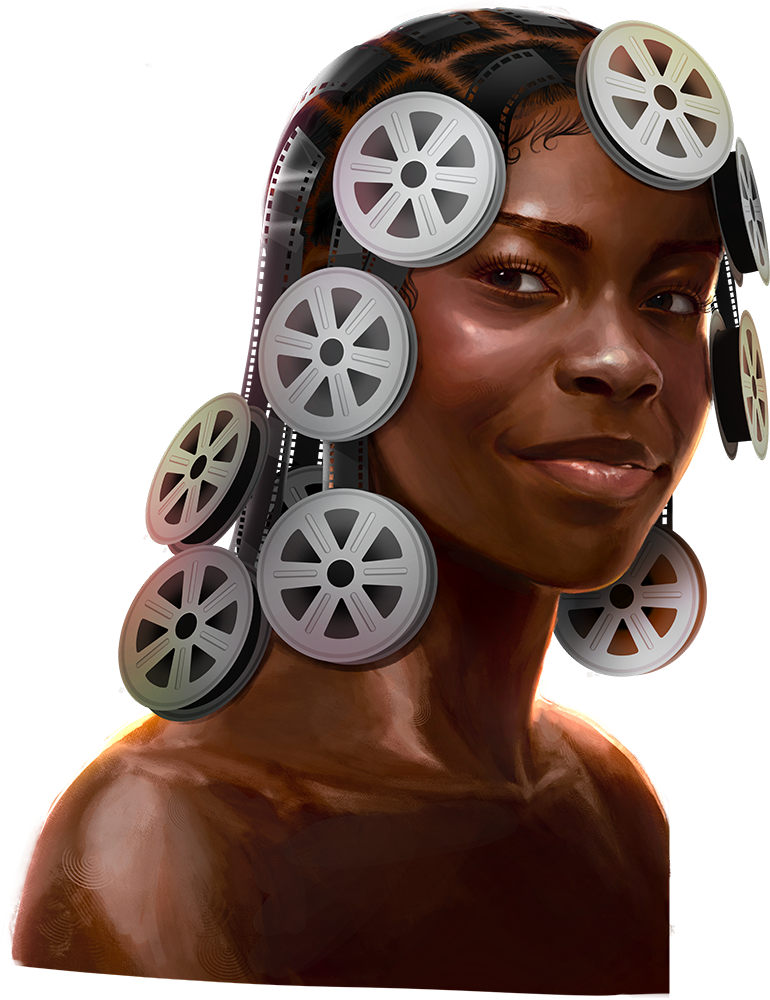 Graphic of an African woman with film reels in her hair