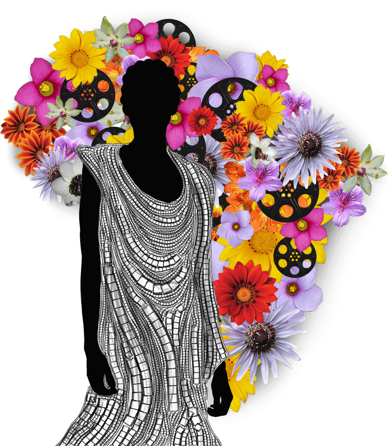Illustration of a silhouetted woman with a dress made of film in front of Africa made of flowers and film reels